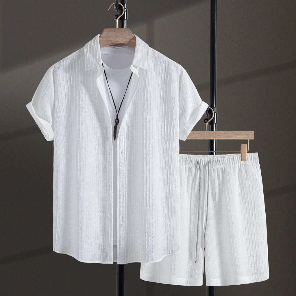 Men's jacquard pattern cotton blend short sleeve shirt and shorts casual suit