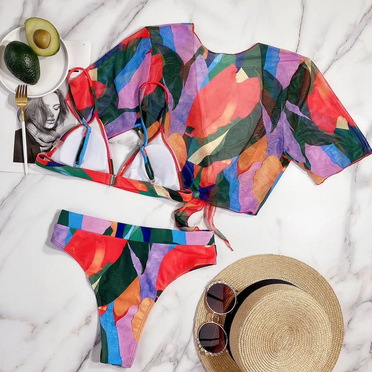 Red women's printed split swimsuit with European American pattern style and nylon construction