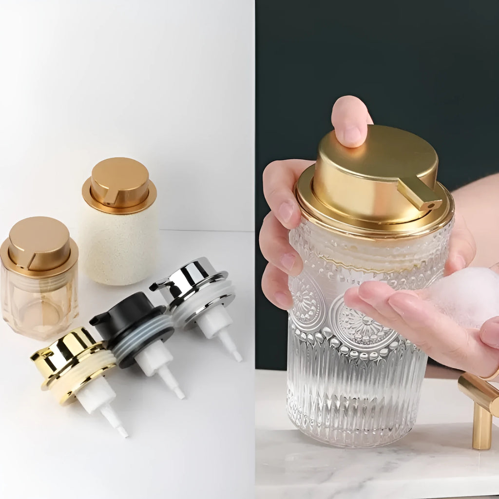 ABS plastic foam pump dispenser with large push head in metallic and matte black finishes.