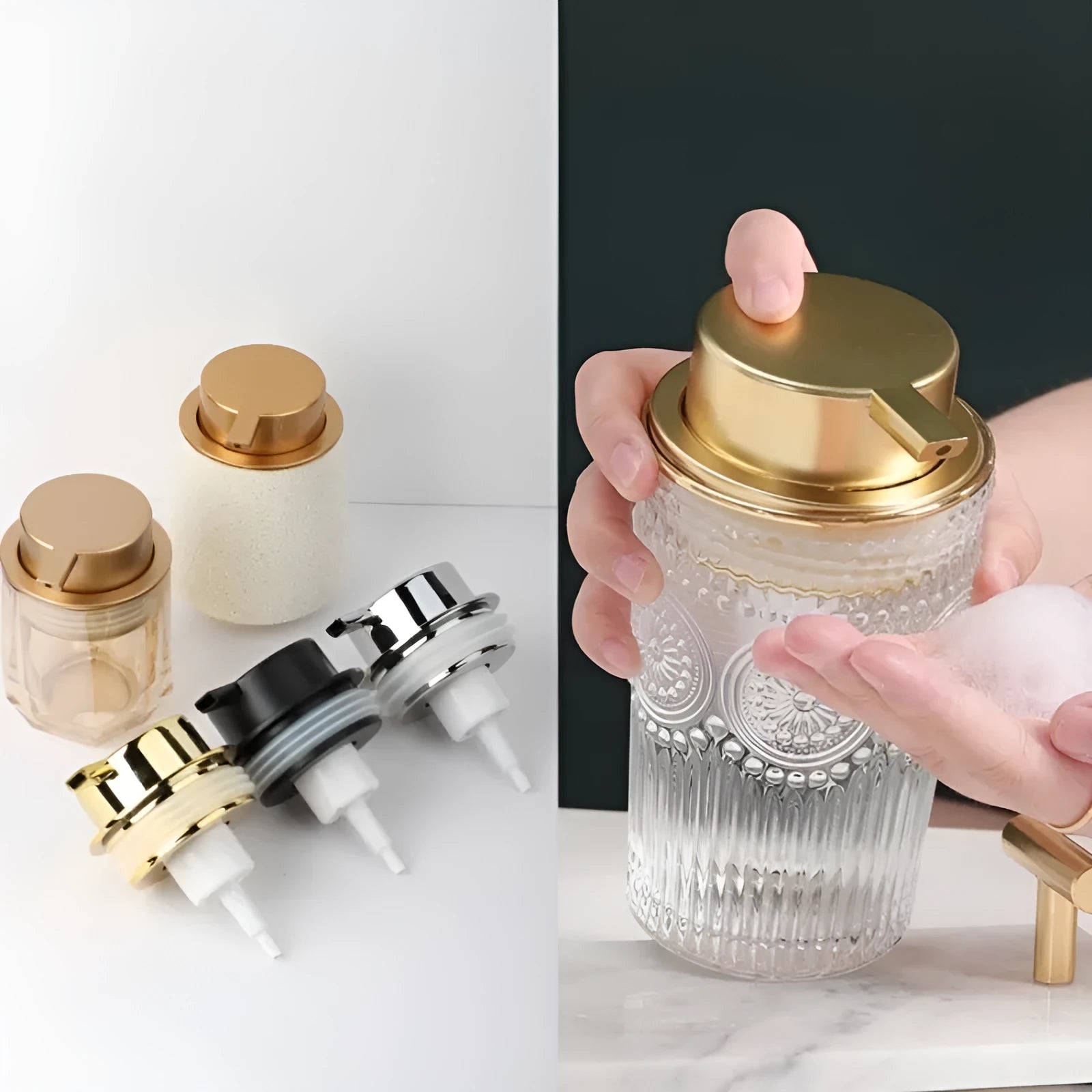 ABS plastic foam pump dispenser with large push head in metallic and matte black finishes.