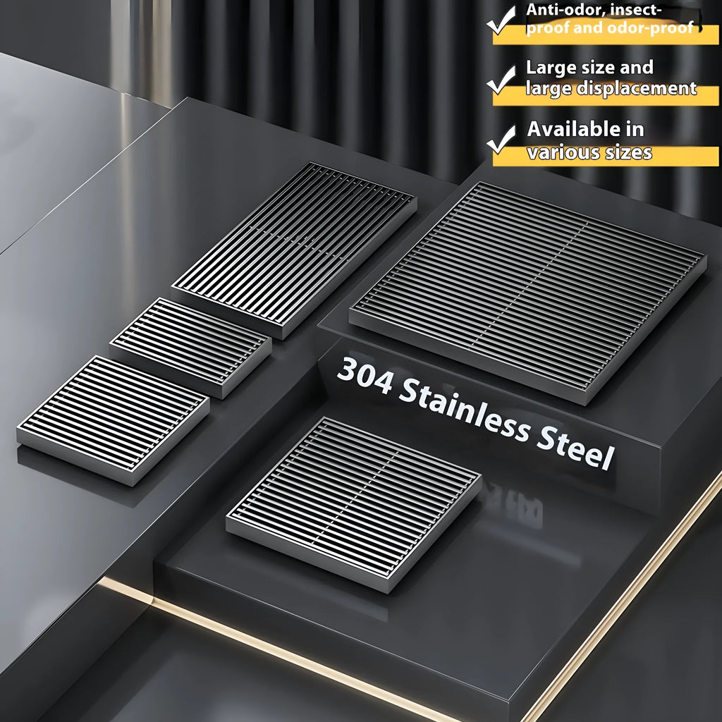 Gun grey 304 stainless steel courtyard deodorant floor drain with a 15x15cm ABS plastic core.