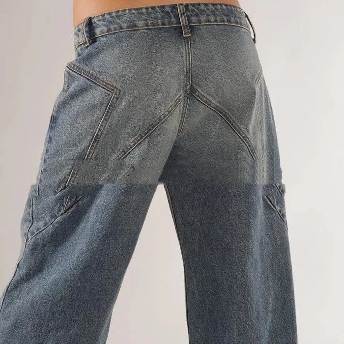 Cotton loose straight wide leg mop trousers in low waist design showing splicing and stitching details