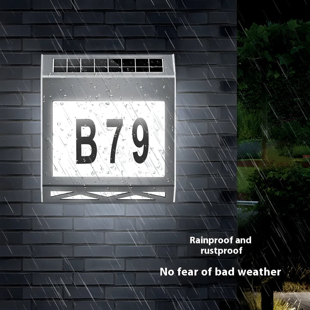 Solar powered waterproof doorplate light for outdoor address numbers with black and silver colour options