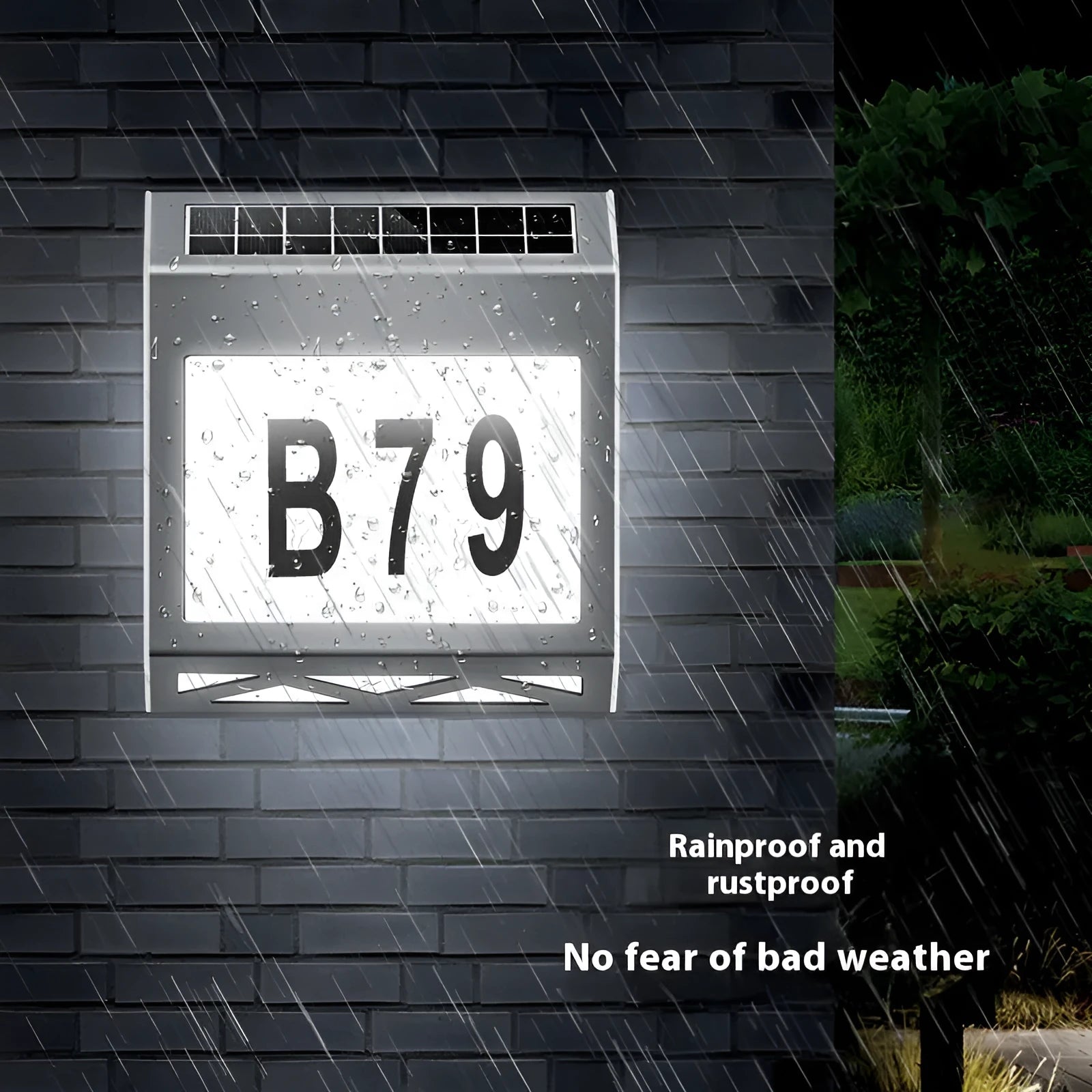 Solar powered waterproof doorplate light for outdoor address numbers with black and silver colour options