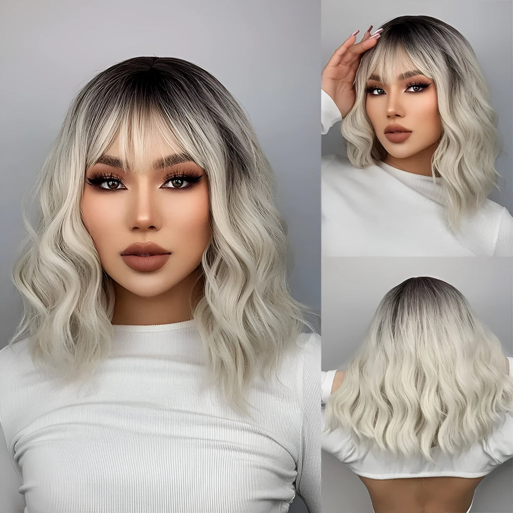 Women's ethnic style short hair wig in picture color with oblique bangs made of high temperature silk