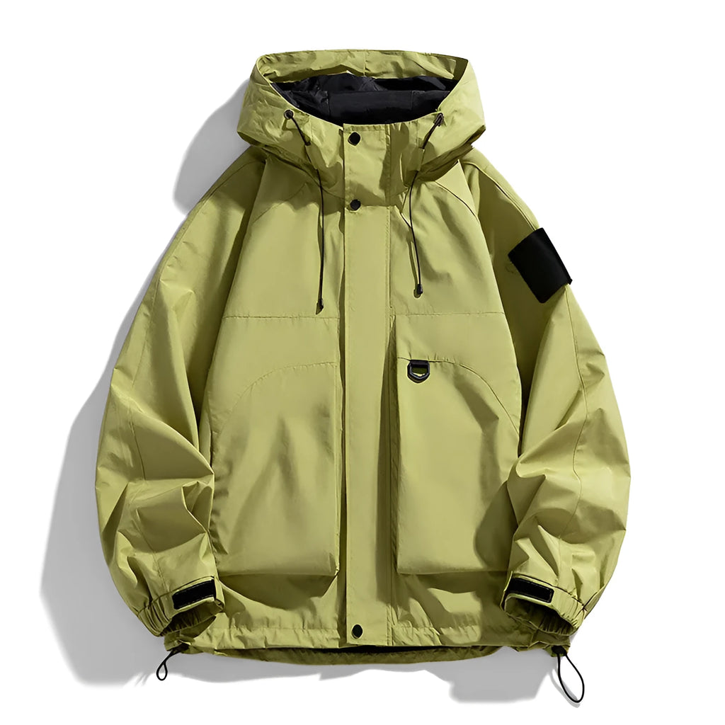 Men's waterproof windproof hooded jacket in black purple ginger yellow colours showing front view