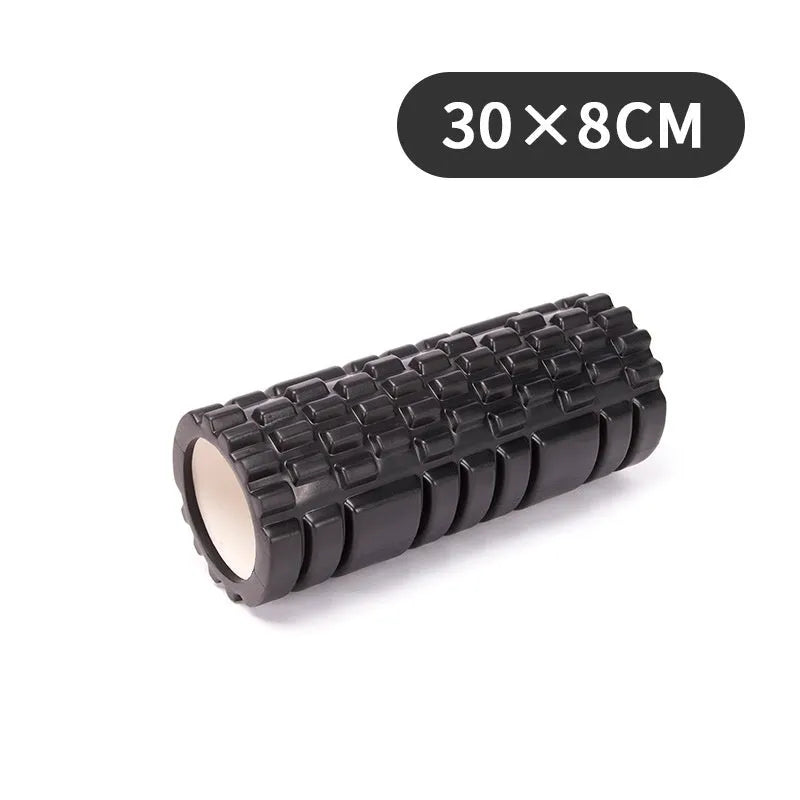 A black EVA foam roller for fitness and muscle recovery, shown next to a grey and pink version.