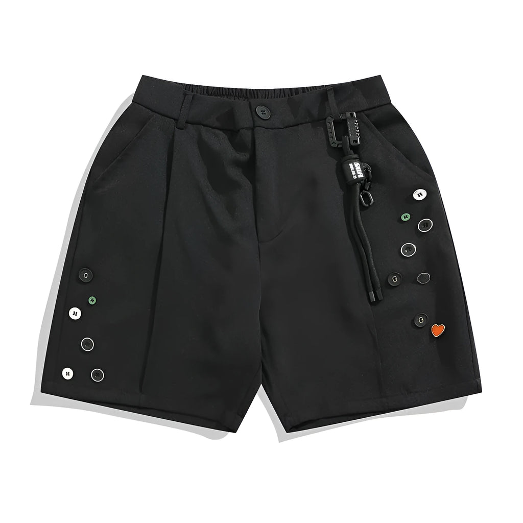 Men's black loose-fit shorts with button fly and straight-leg design above knee length
