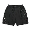 Men's black loose-fit shorts with button fly and straight-leg design above knee length