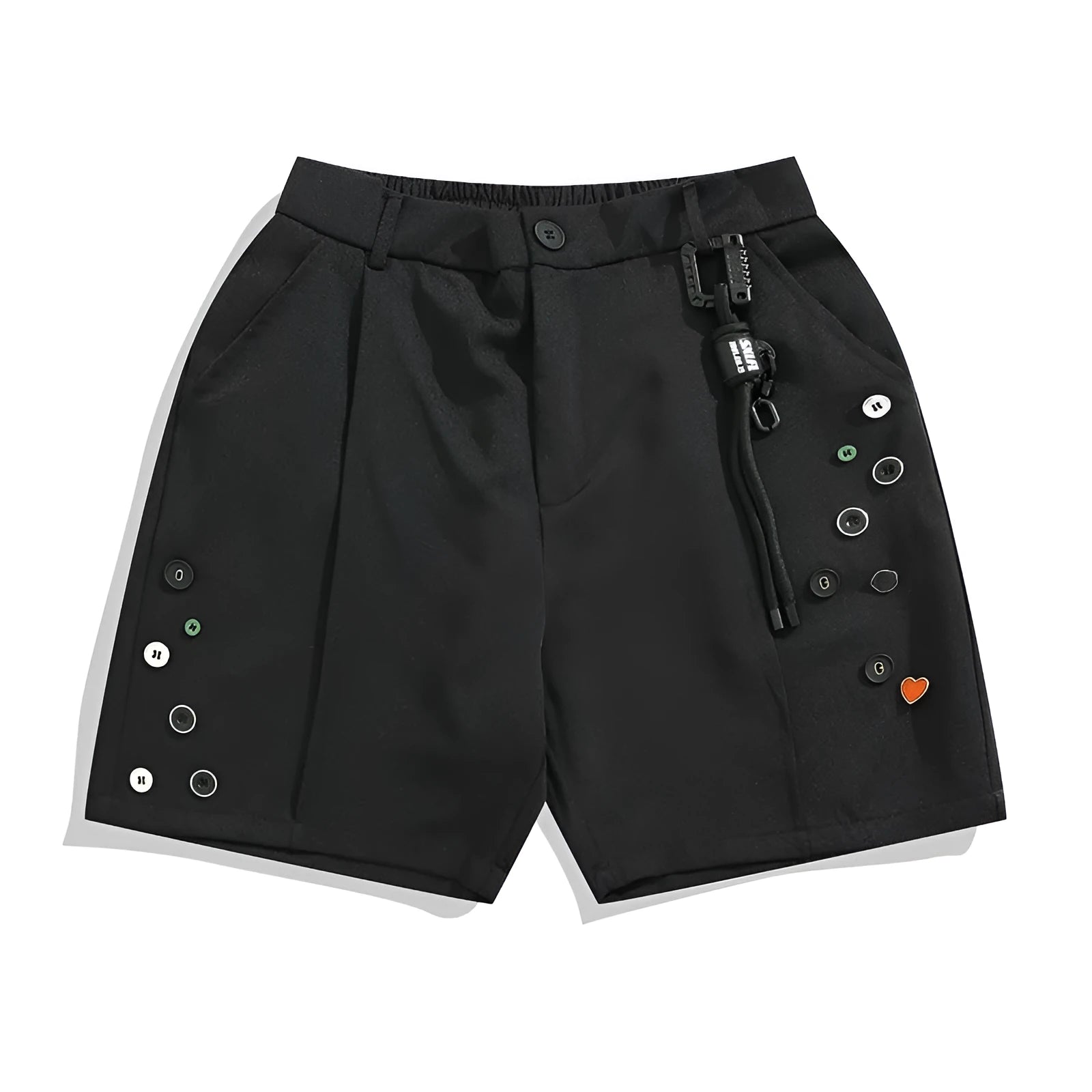 Men's black loose-fit shorts with button fly and straight-leg design above knee length