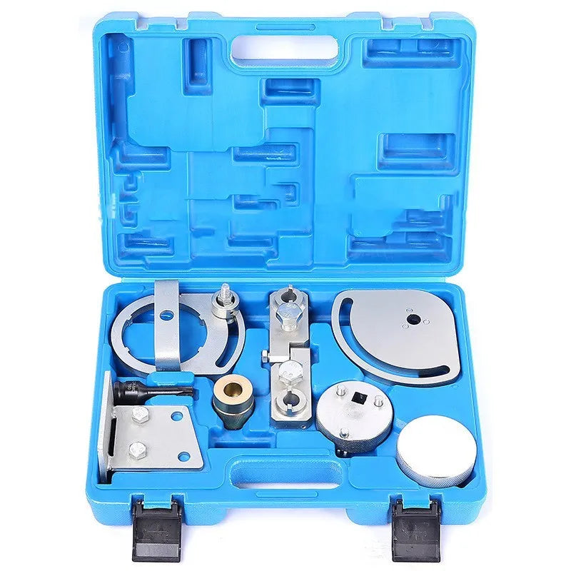 Volvo engine timing tool set comprising eight carbon steel alignment tools on a blue background.