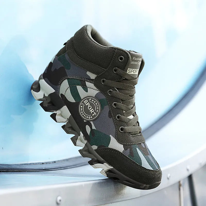 Women's green camouflage canvas sneakers with rubber soles showing side view
