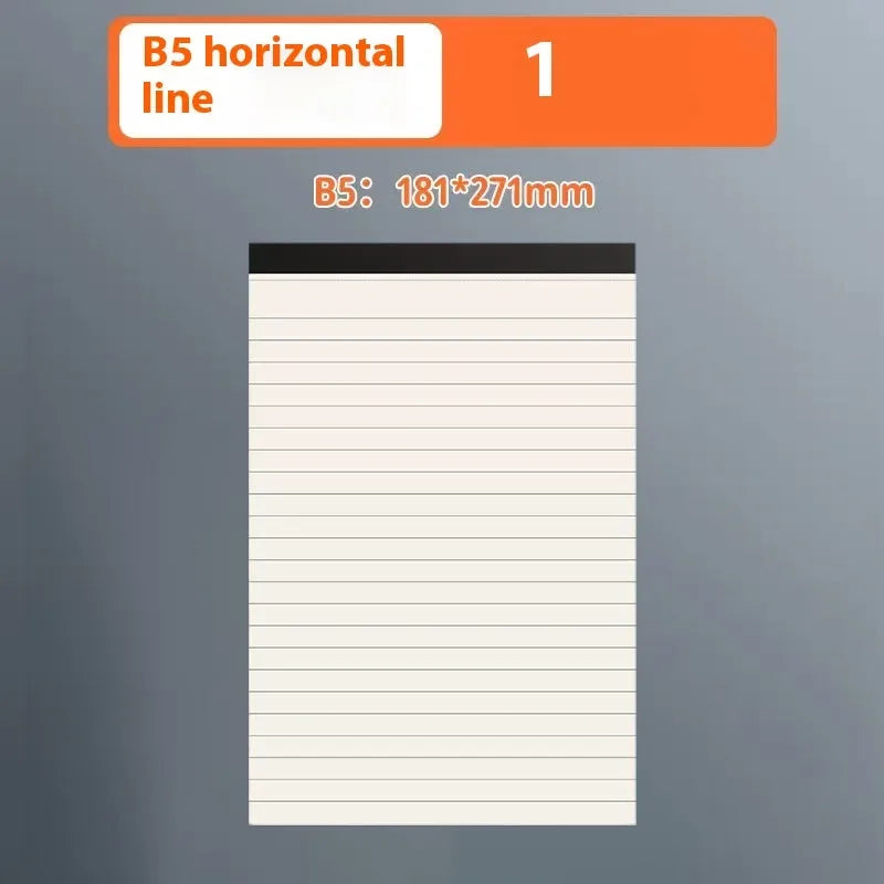 Set of A5, B5, and A4 writing pads showing blank, grid, and horizontal line page styles.