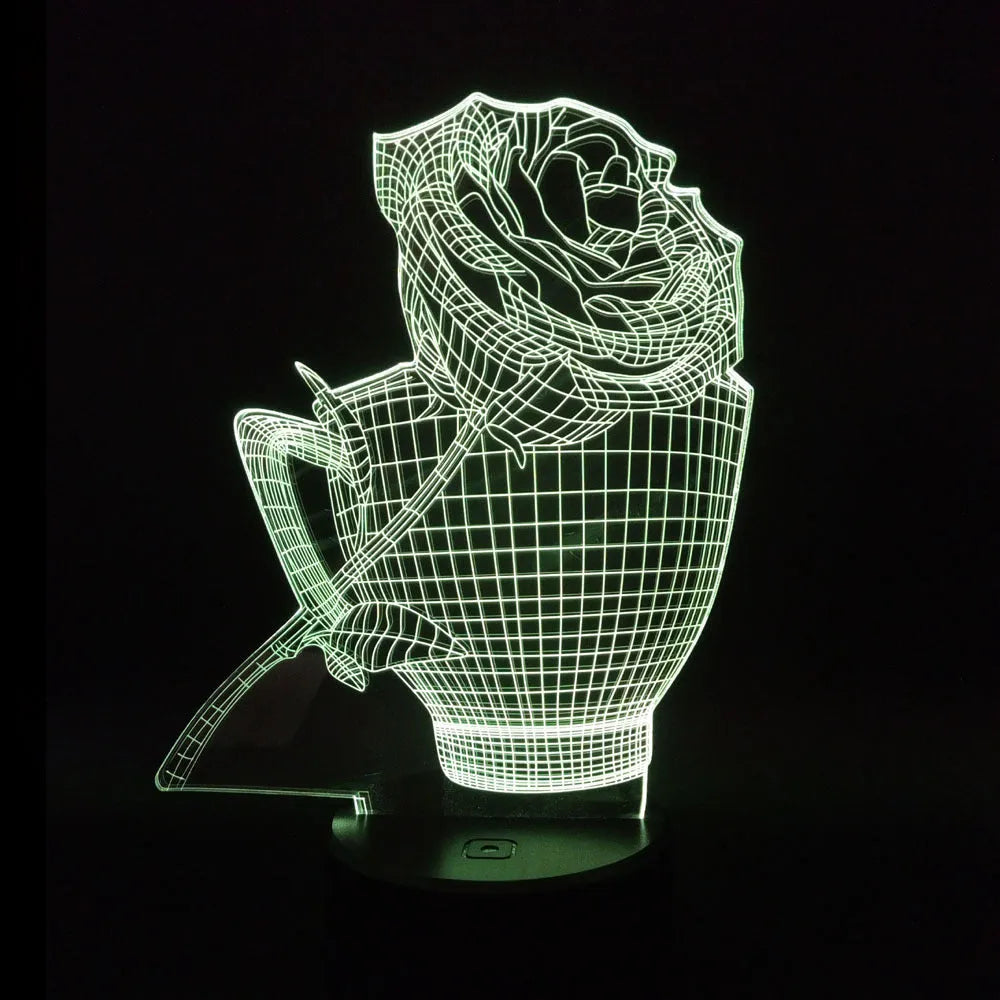 3D rose flower shaped night light with remote control on a table.