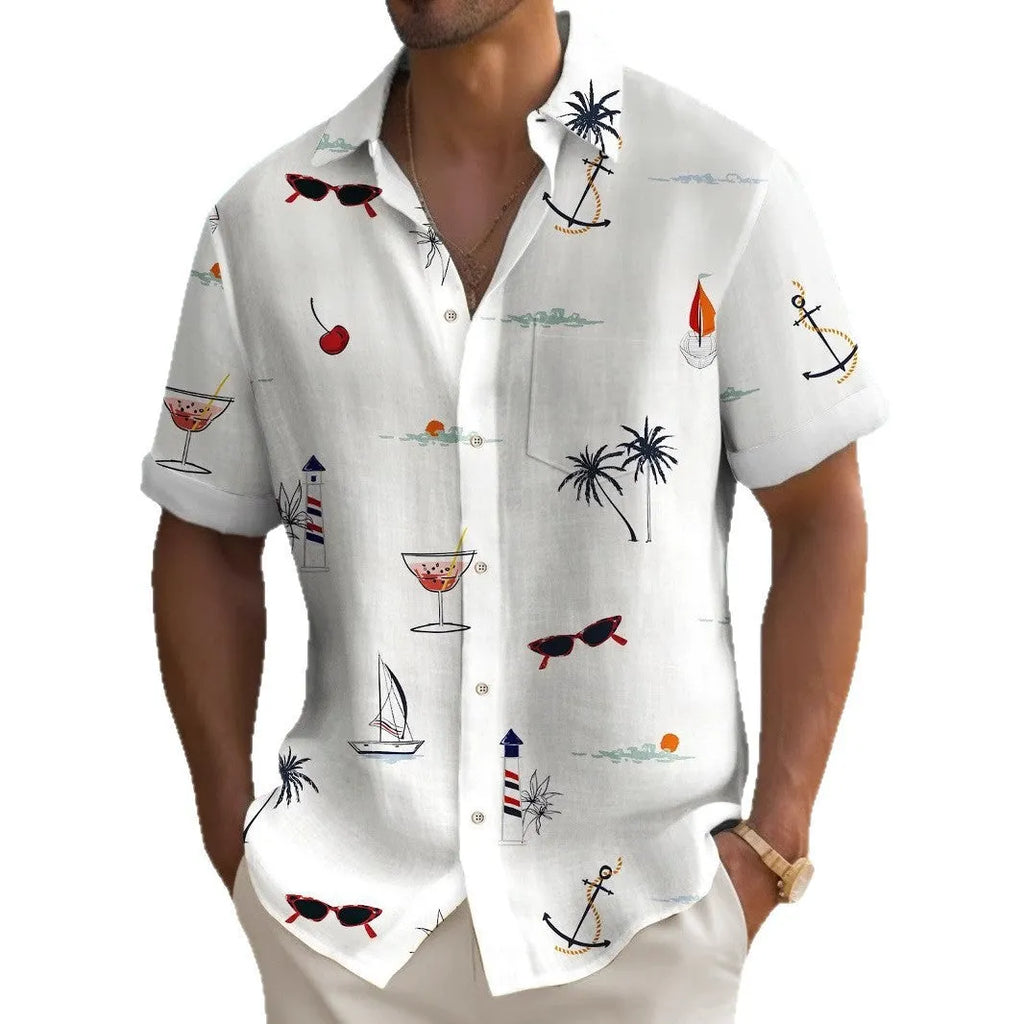 Men's digital print Hawaiian shirt with tropical pattern on polyester fabric in loose fit