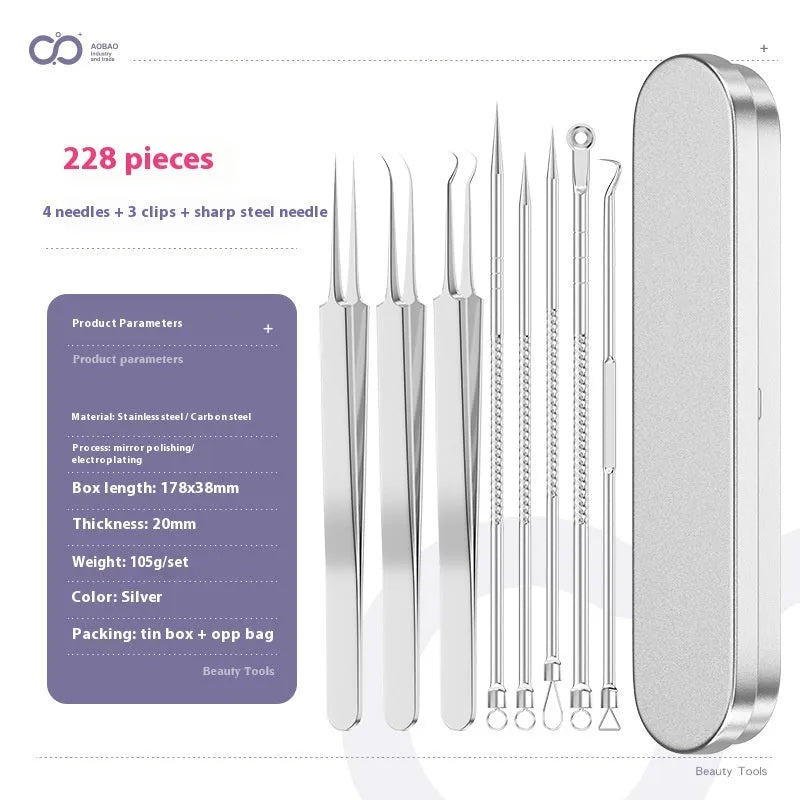 Four silver metal acne needles with ultra-fine pointed tips for skincare extraction.