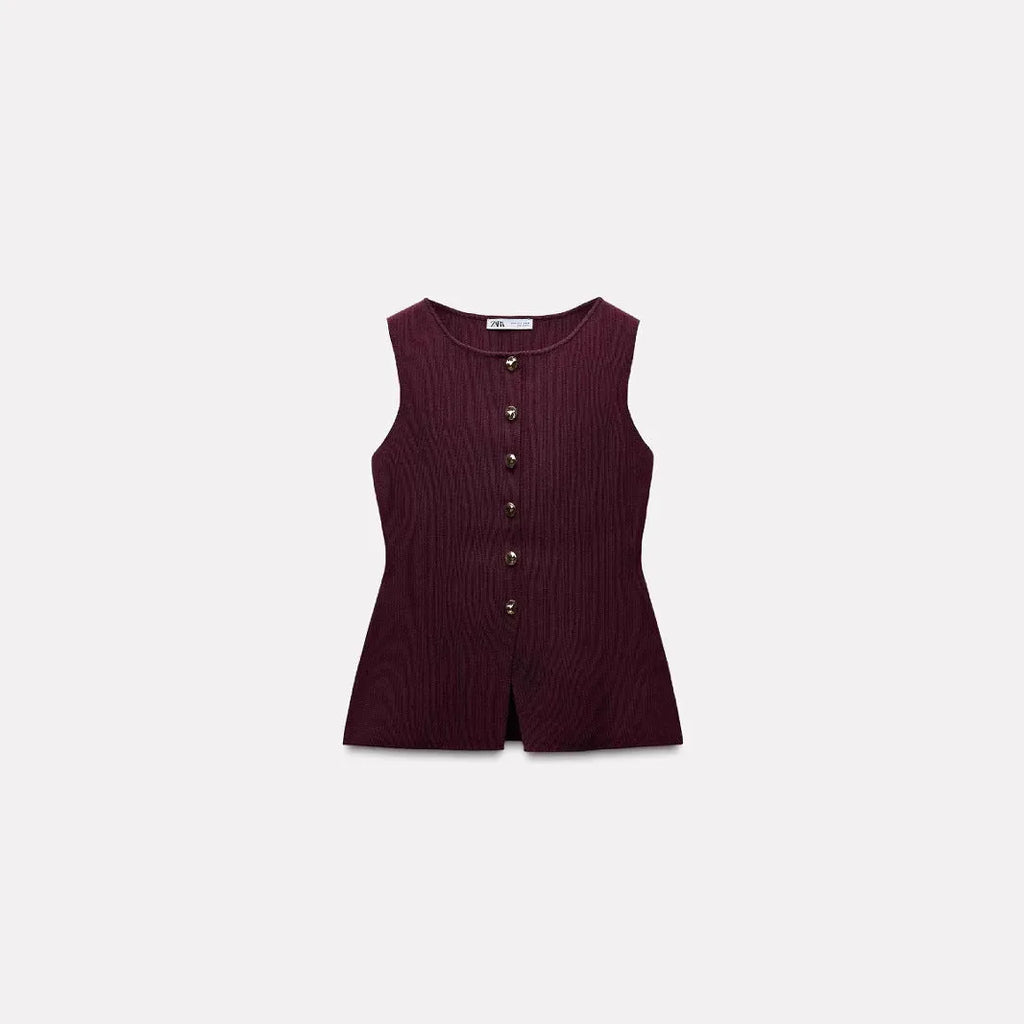 Dark red slim-fit cardigan vest with gold buttons and a 3D textured pattern, laid flat.