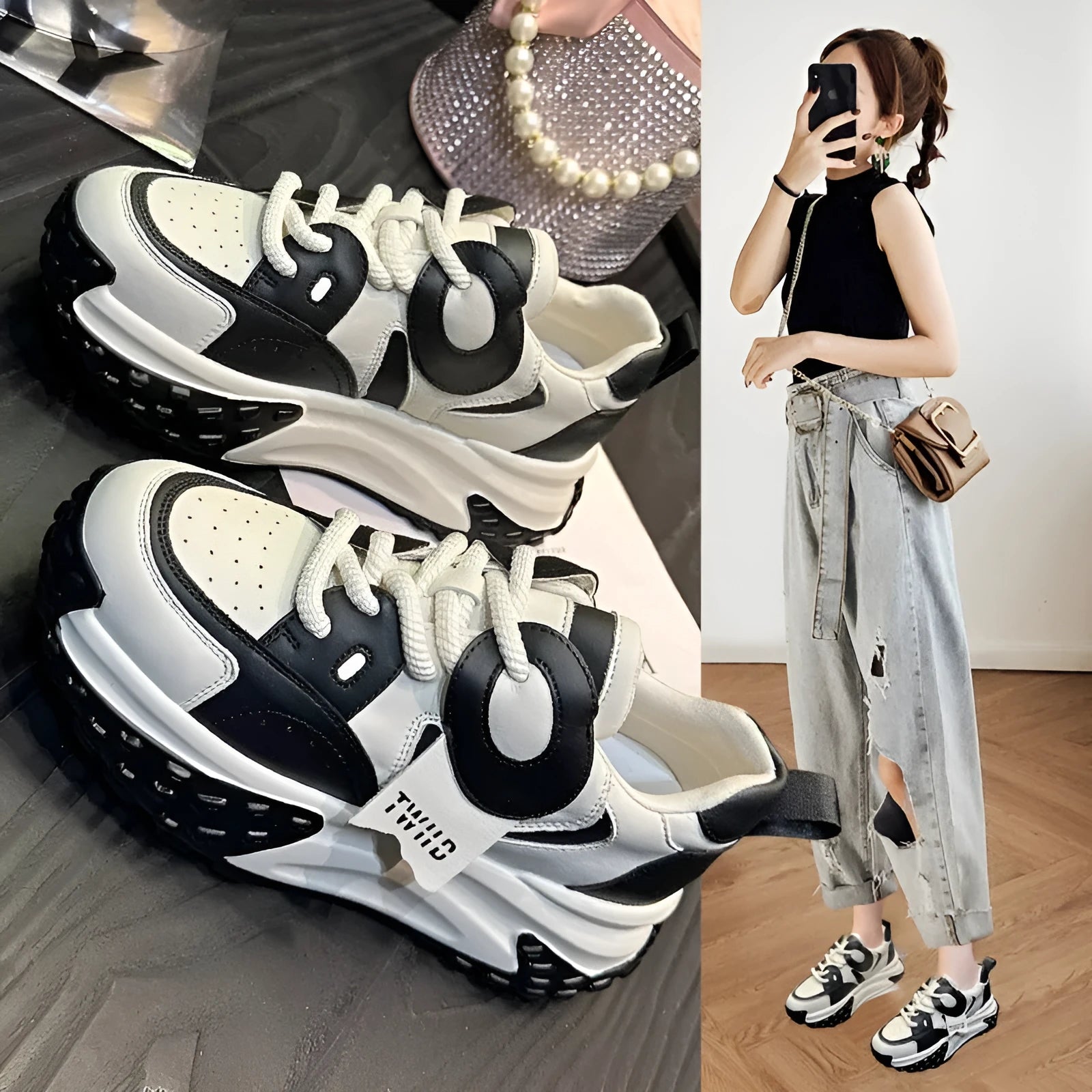 Thick-soled leather wedge heel trainers in silver, carmine, black coffee, and black and white colours on a white background.