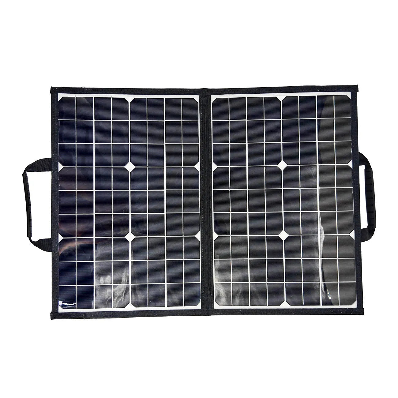 Black foldable solar panel charger bag showing 40W single crystal panel, folded for transport.