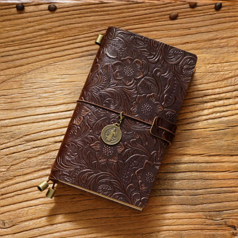 Creative vintage engraving cowhide travel notepad in black A5 size with genuine leather cover