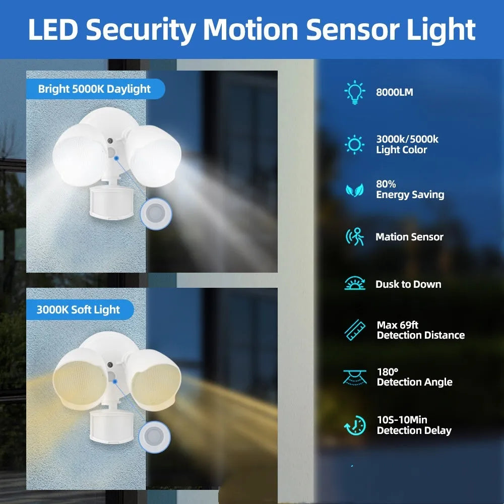 White outdoor LED security floodlight with motion sensor mounted on wall
