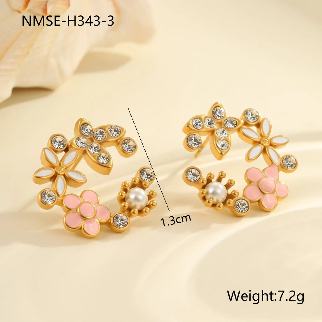 Women's stainless steel flower stud earrings with 18K gold electroplating and colourful oil treatment