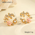 Women's stainless steel flower stud earrings with 18K gold electroplating and colourful oil treatment