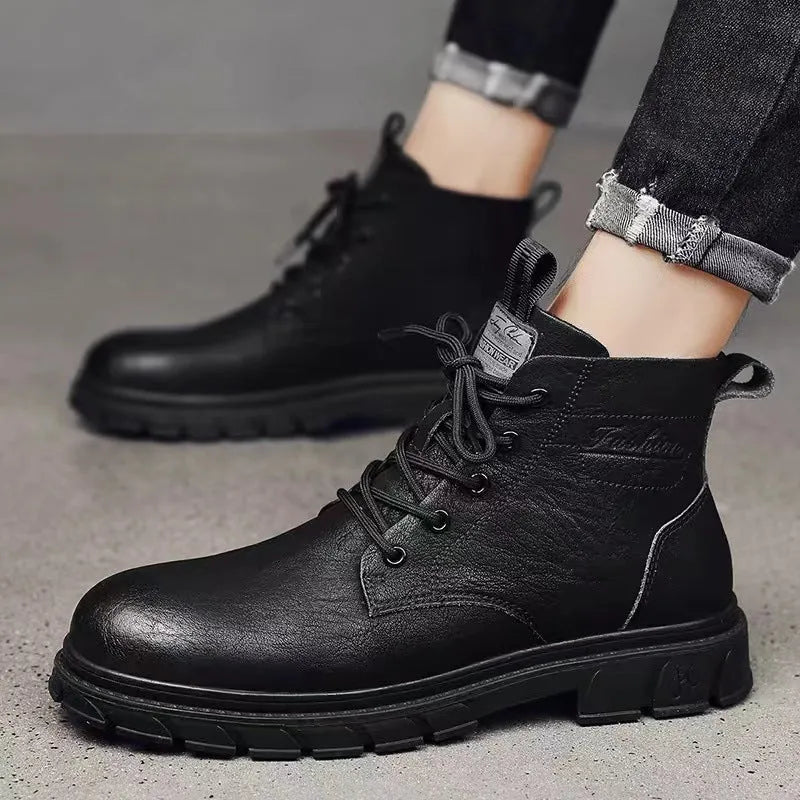 Men's high-top black leather Martin boots with front lacing, square heel, and stitched PU upper