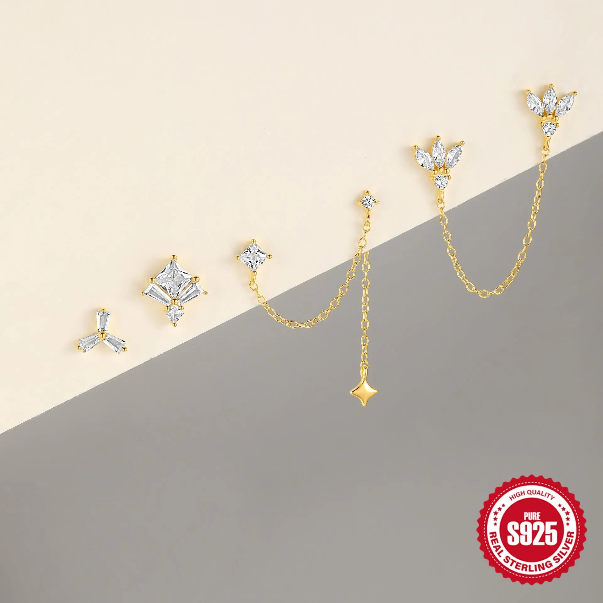 S925 sterling silver earrings with zircon detailing in golden chain stud and double ear piercing designs