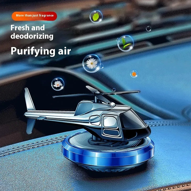 Solar-powered rotating metal helicopter car perfume decoration in silver, black, or blue