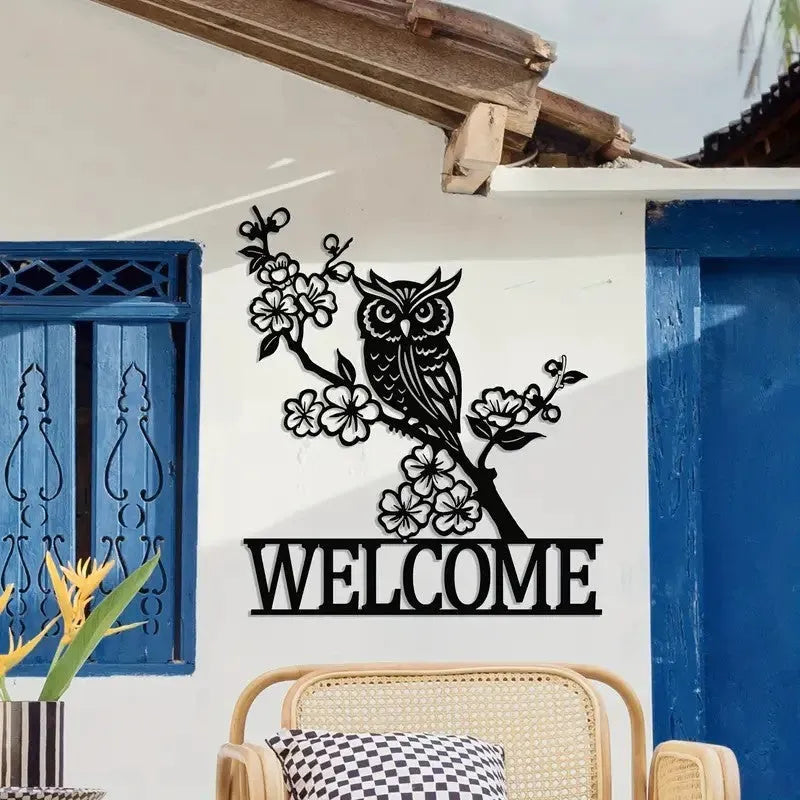 Copper metal animal silhouette welcome board wall mounted with butterfly design on courtyard door