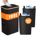 Black bamboo-texture storage basket with a removable lid, showing internal pockets and ventilation holes.