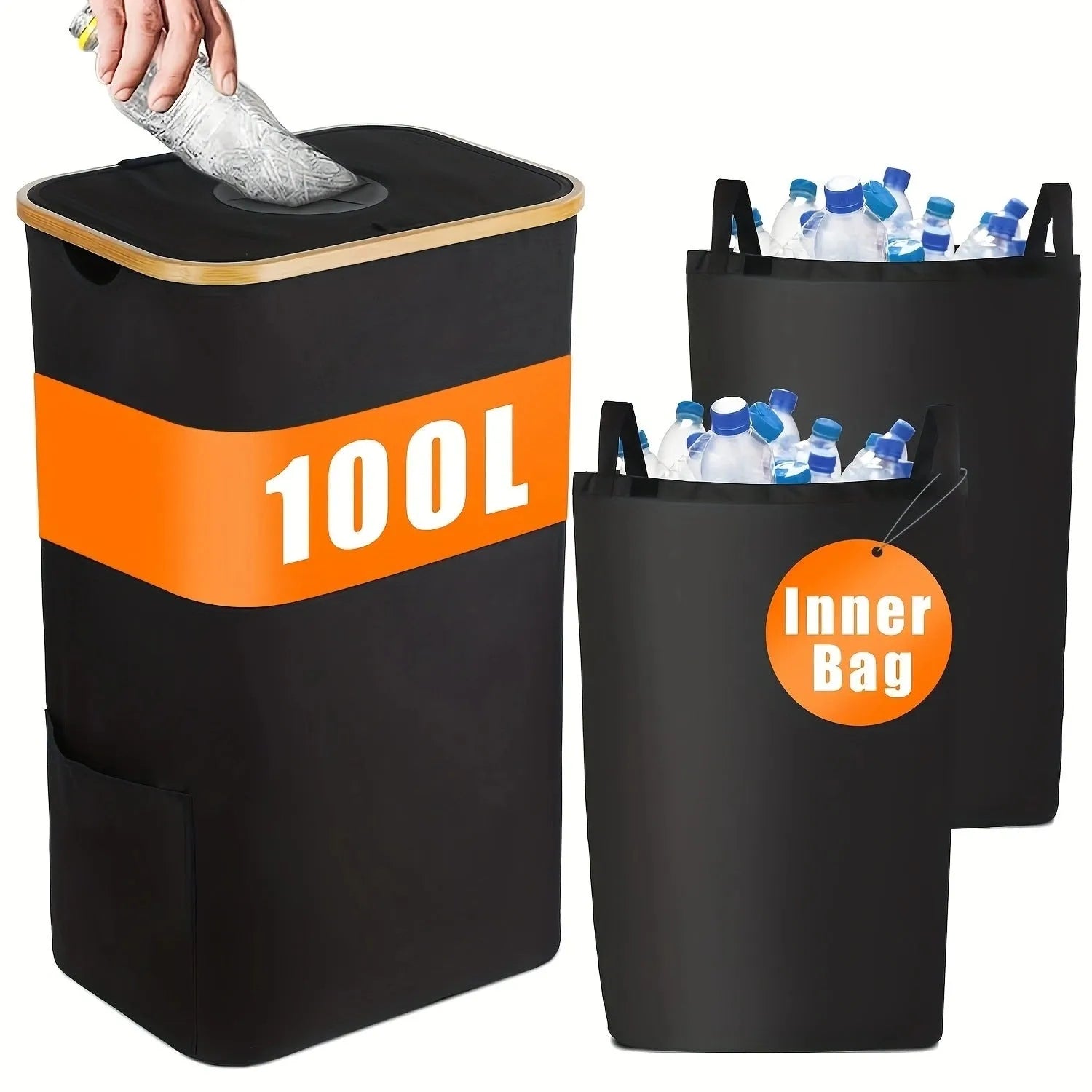 Black bamboo-texture storage basket with a removable lid, showing internal pockets and ventilation holes.