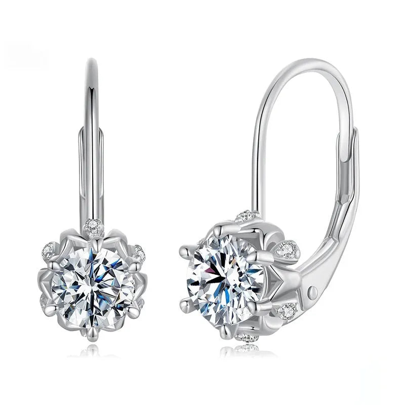 Sterling silver flower bud ear clips with moissanite centre stones and white gold plating