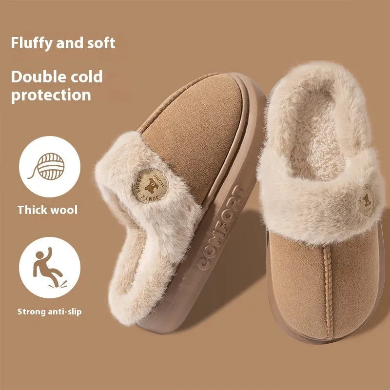 Thick-soled fleece winter slippers in various colours with decorative car stitching