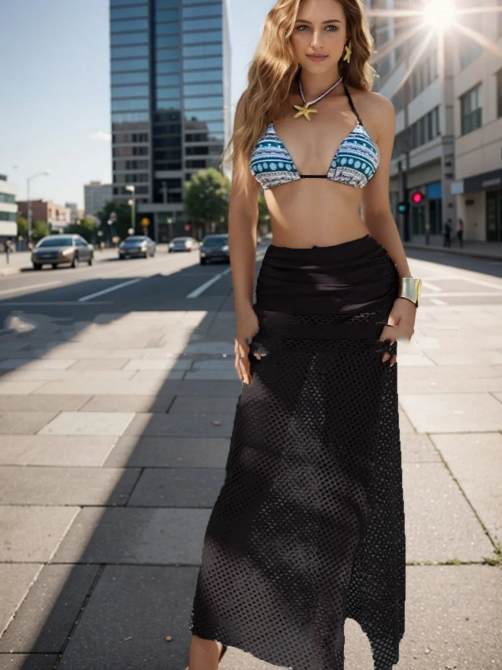 Women's brown bikini set with long fishnet skirt, rose pink and black options also available.
