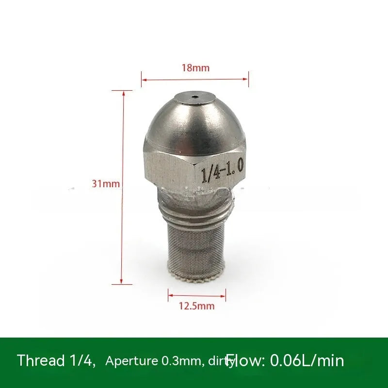 304 stainless steel two-point spray nozzle with 1/4 inch thread and selectable aperture sizes for atomisation.