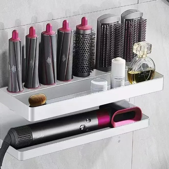 White double-layer aluminium bathroom storage rack holding hair curlers with punch-free mounting