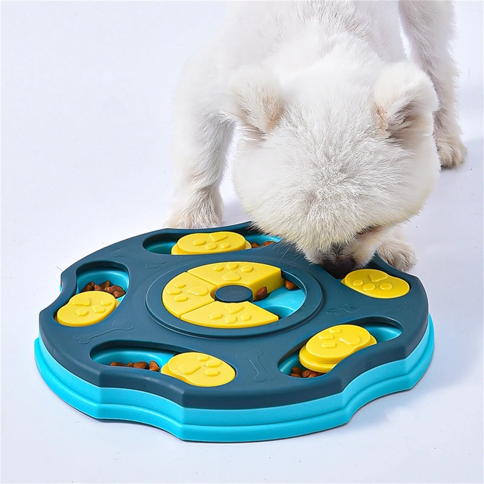 Blue interactive dog puzzle toy bowl with food compartments for slow feeding and brain games.