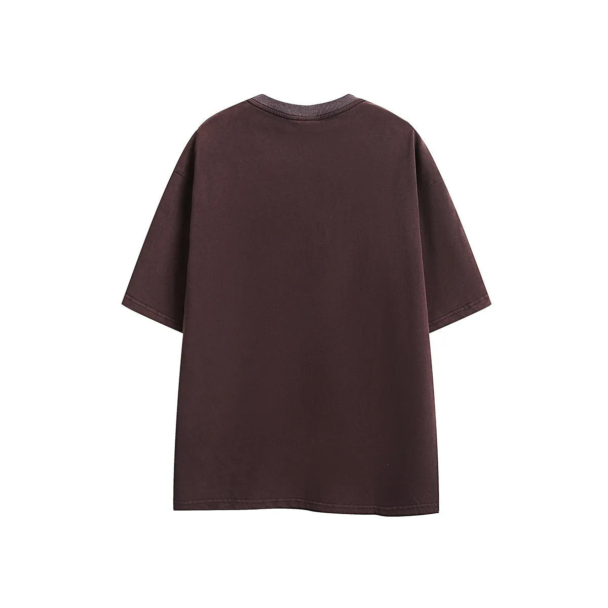Men's purple cotton loose fit retro embroidered short-sleeve T-shirt laid flat.