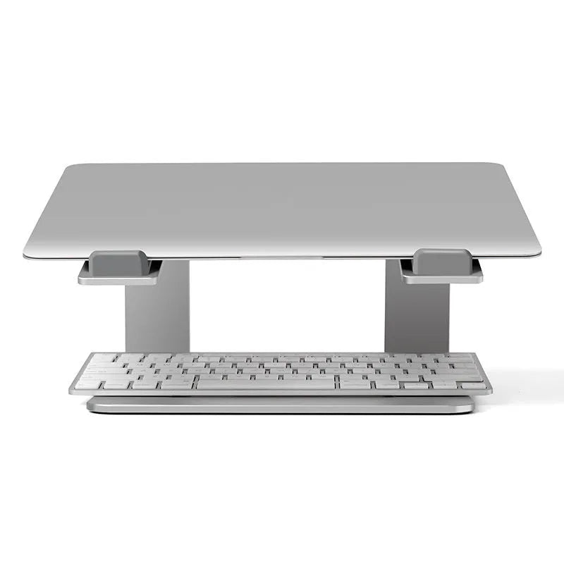 Black aluminium alloy laptop stand with 29.9 cm width on desktop
