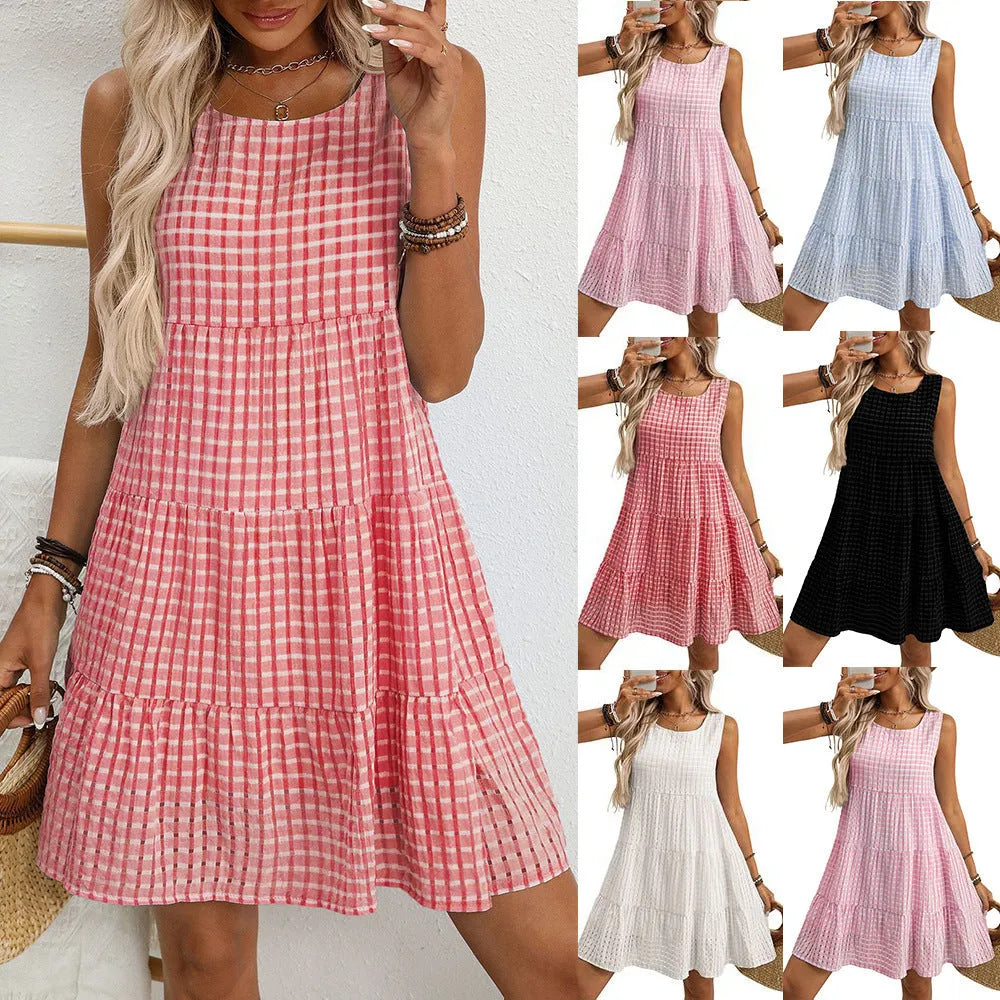 Women's light blue sleeveless plaid dress with high waist and loose swing skirt on a hanger.