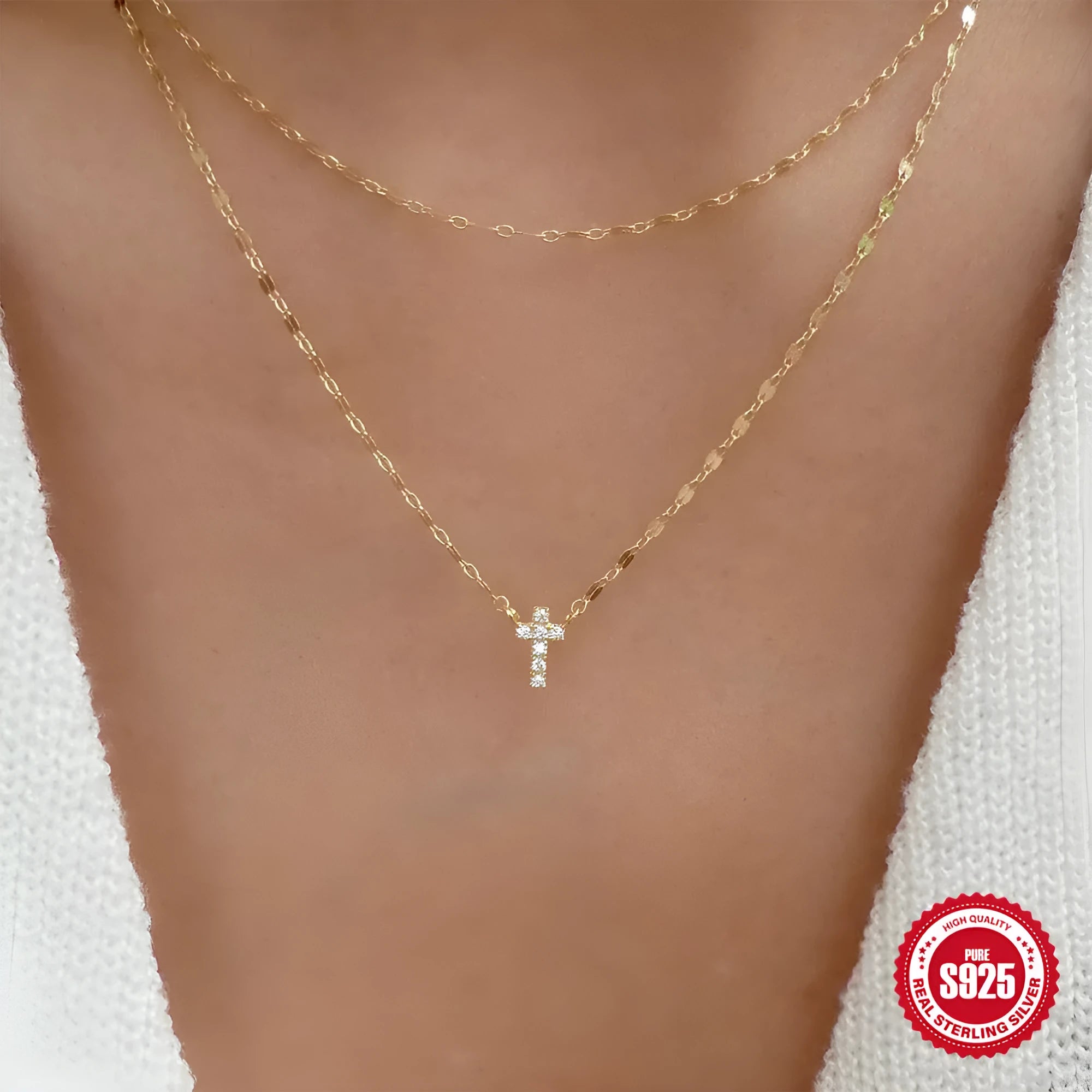 Sterling silver double layer twin diamond cross pendant necklace with geometric design
