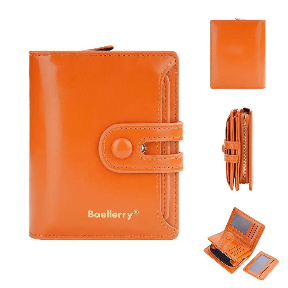 Slim women's PU leather card holder wallet shown in multiple colour options on a flat surface.