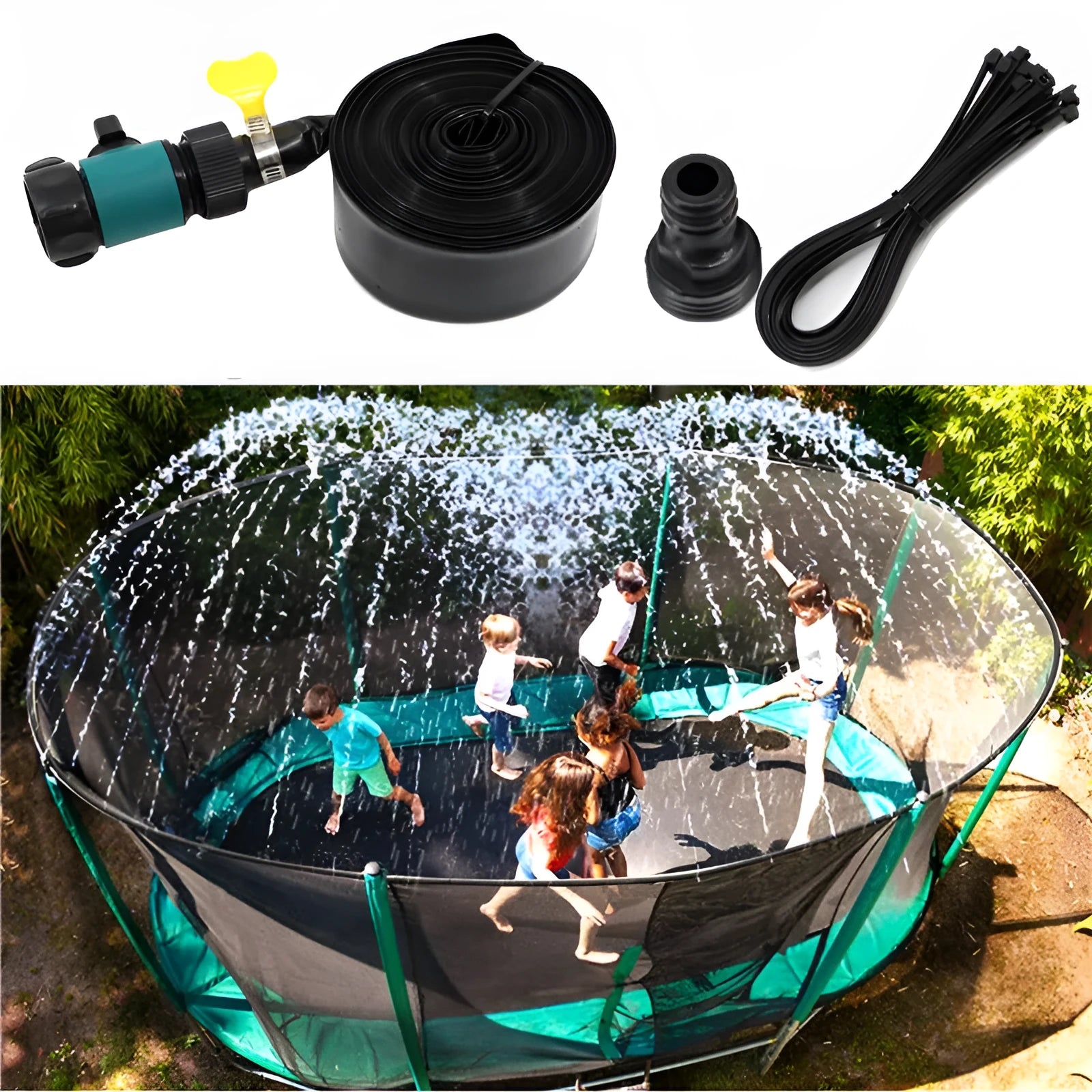 Portable blue garden sprinkler with solar panel and PVC switch on grass