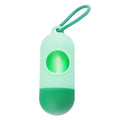 Compact dog poop bag holder with hook and Velcro strap attached to a leash handle, available in multiple colours
