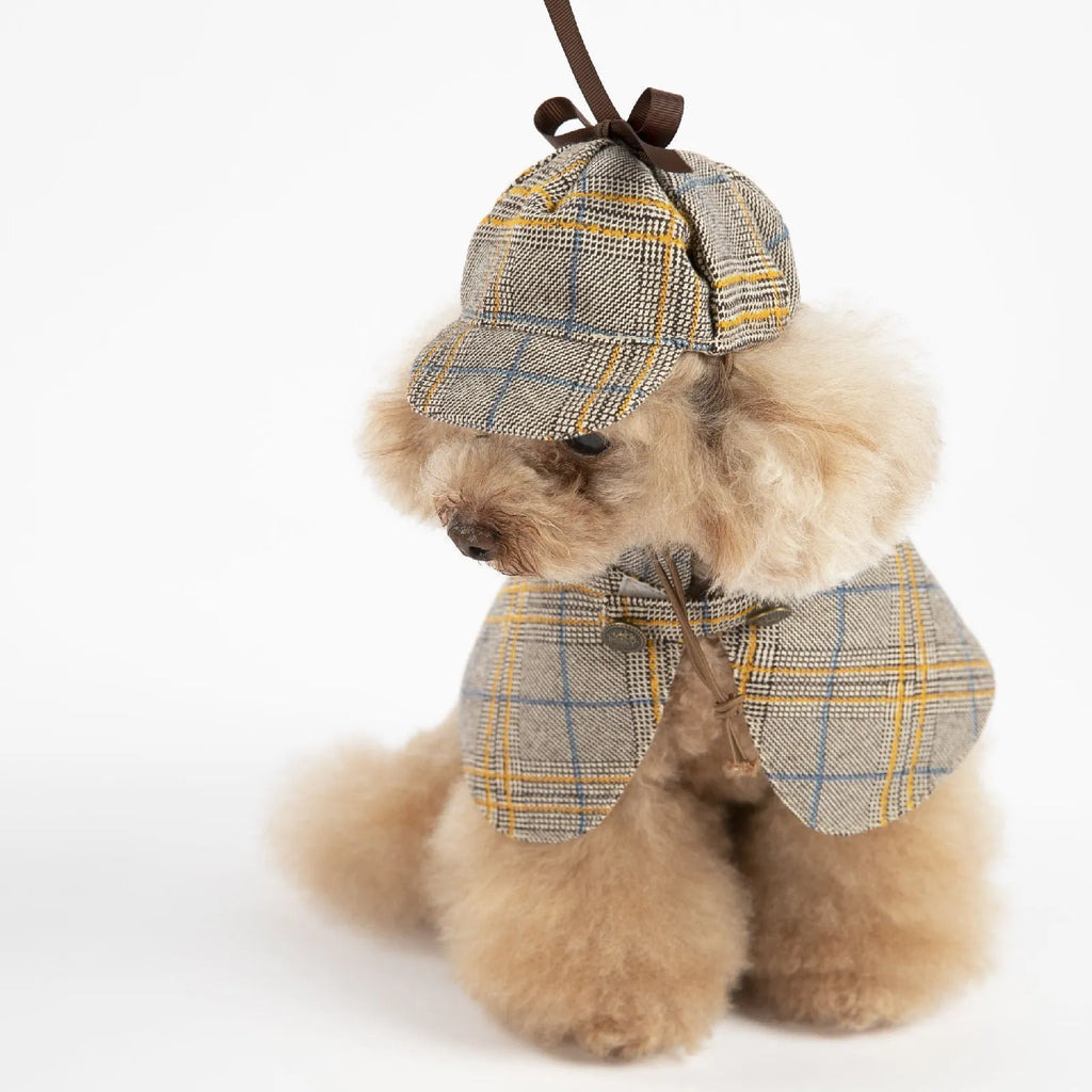 Camel coloured detective suit style cotton cloak for a dog or cat, showing the adjustable hat.