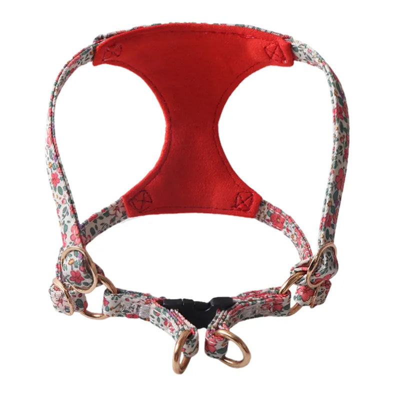 Floral patterned cloth dog harness and leash set in orange, purple, pink, black or white with red flowers design