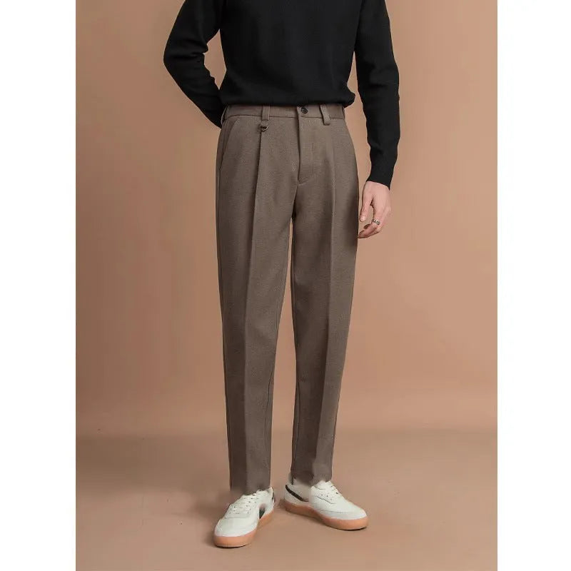 Men's straight leg trousers in dark grey with draped casual styling for winter business casual wear