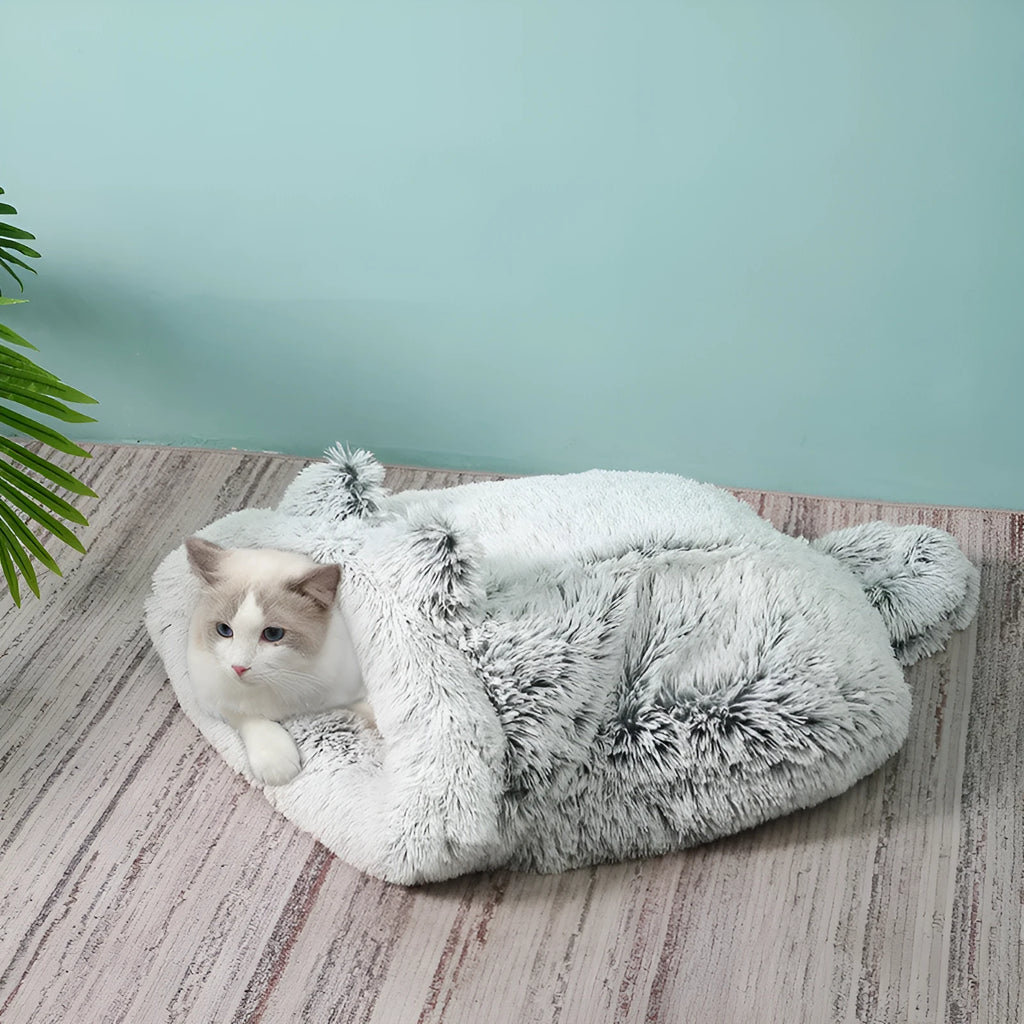Plush round cat sleeping bag in grey+white offering a warm semi-enclosed pet nest with soft cloth finish